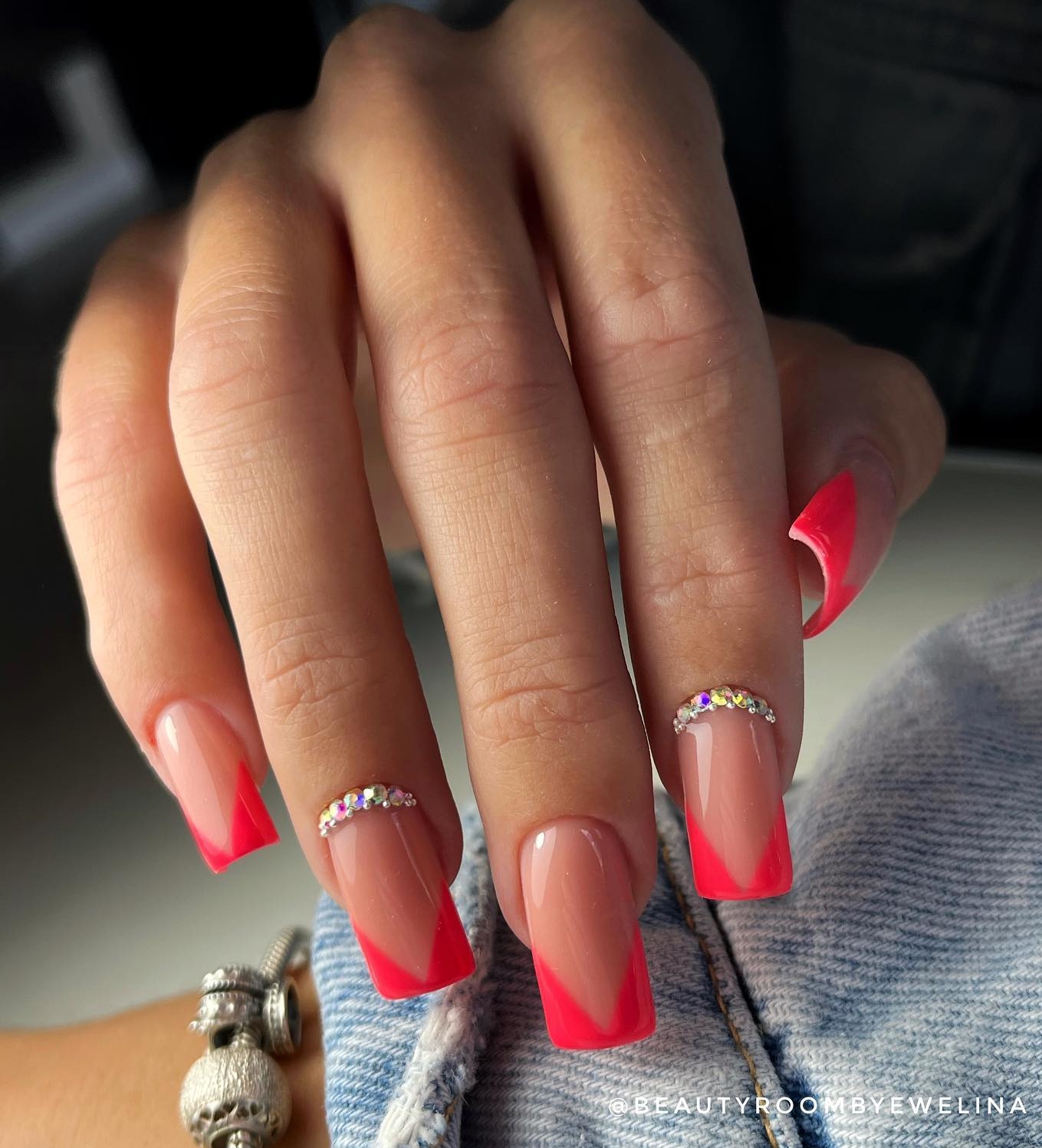 Square Red French Nail Tips with Diamonds