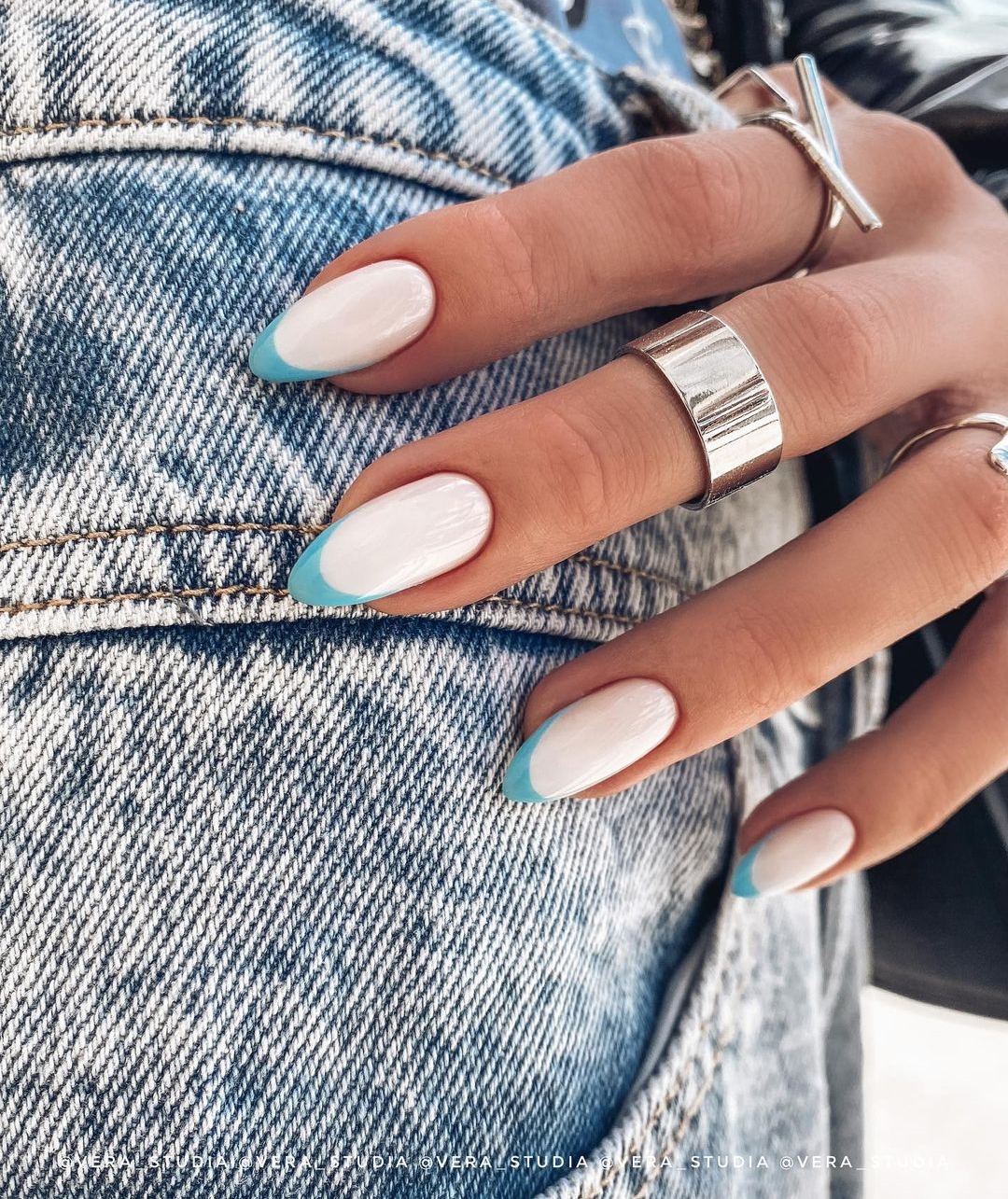 White Almond Nails with Blue French Tips