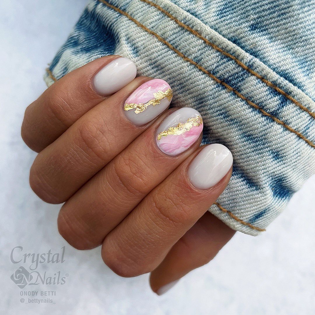White and Pink Nails with Marble Design