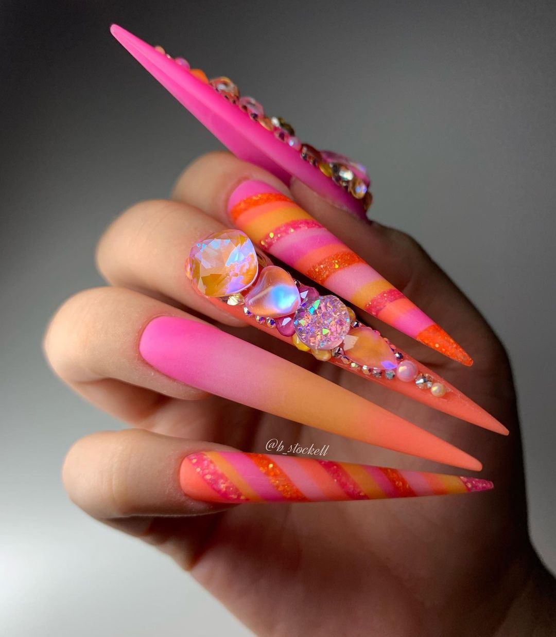 Acrylic Stiletto Pink Nails with Rhinestones