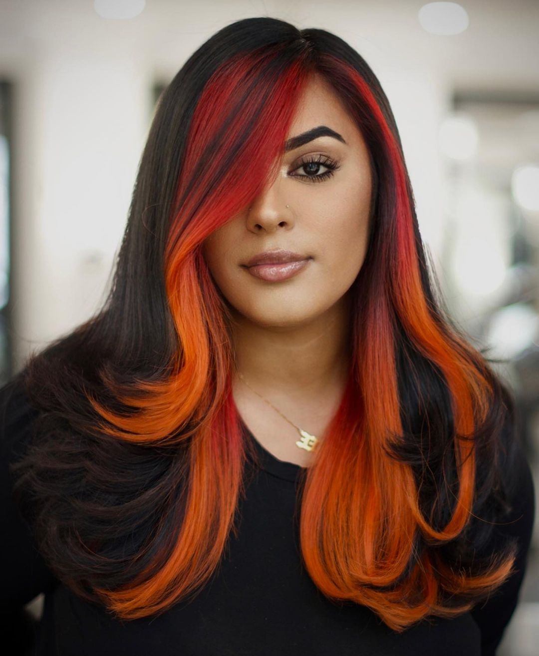 Black and Orange Combo on Long Straight Hair