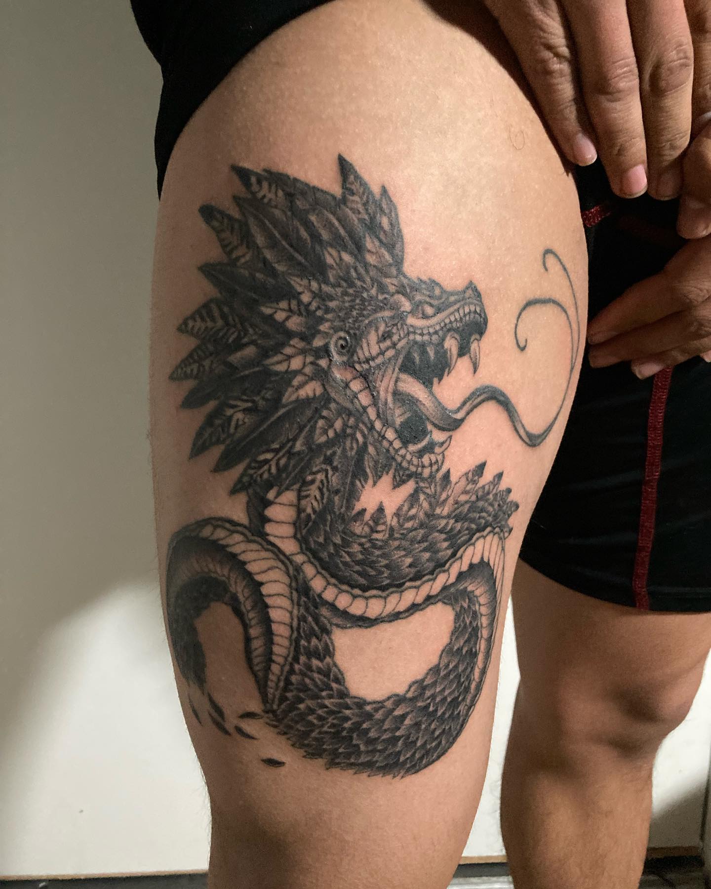 Black Aztec Dragon Tattoo on Thigh