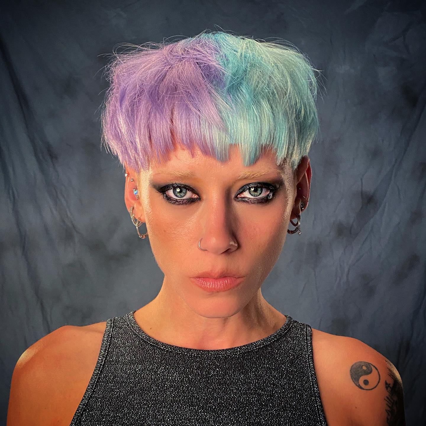 Choppy Lavender and Green Bowl Hairstyle