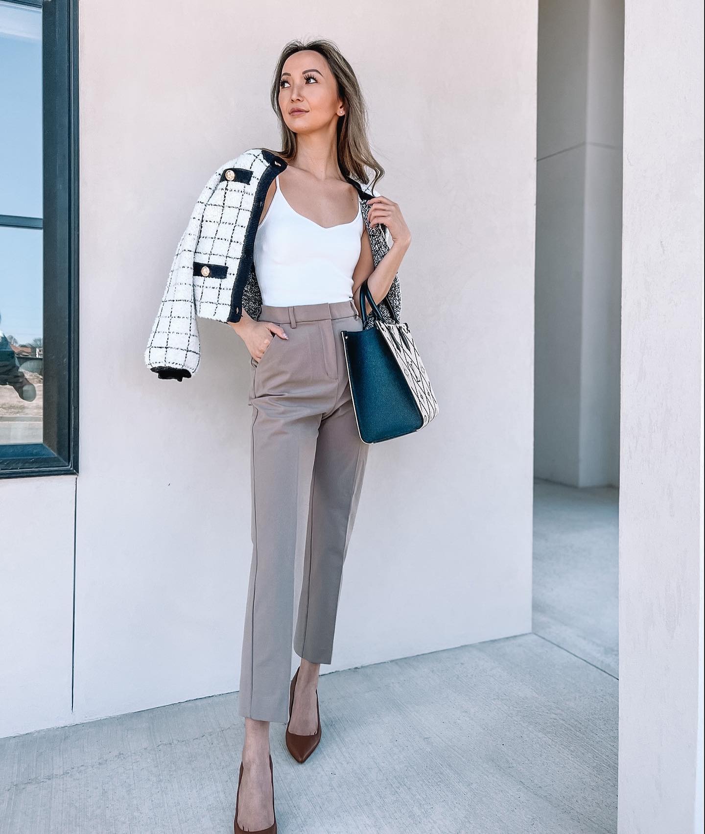 Gray Pants with Short Jacket and White Top