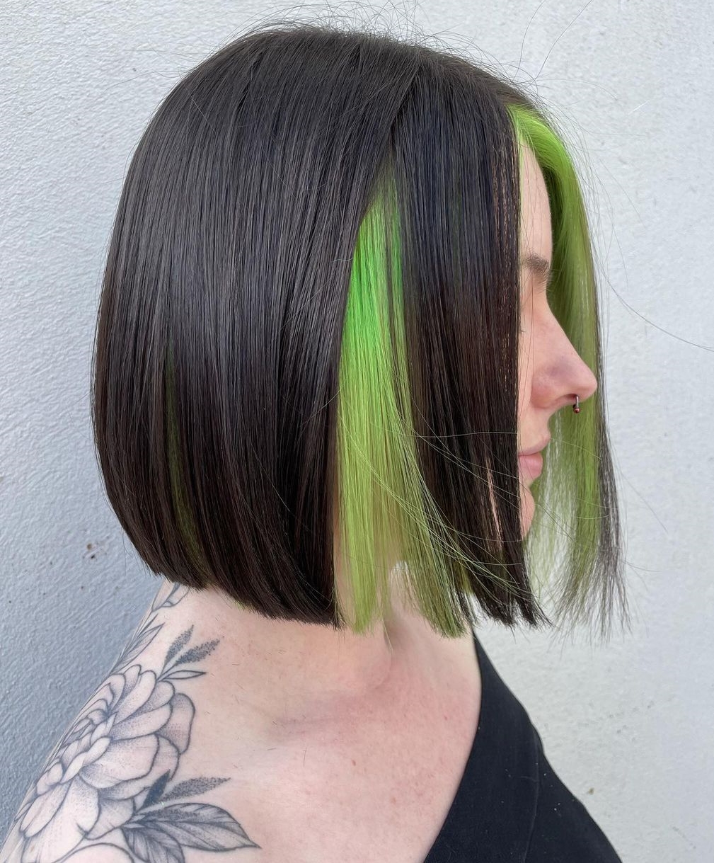 Green Peekaboo Highlights on Short Brown Hair