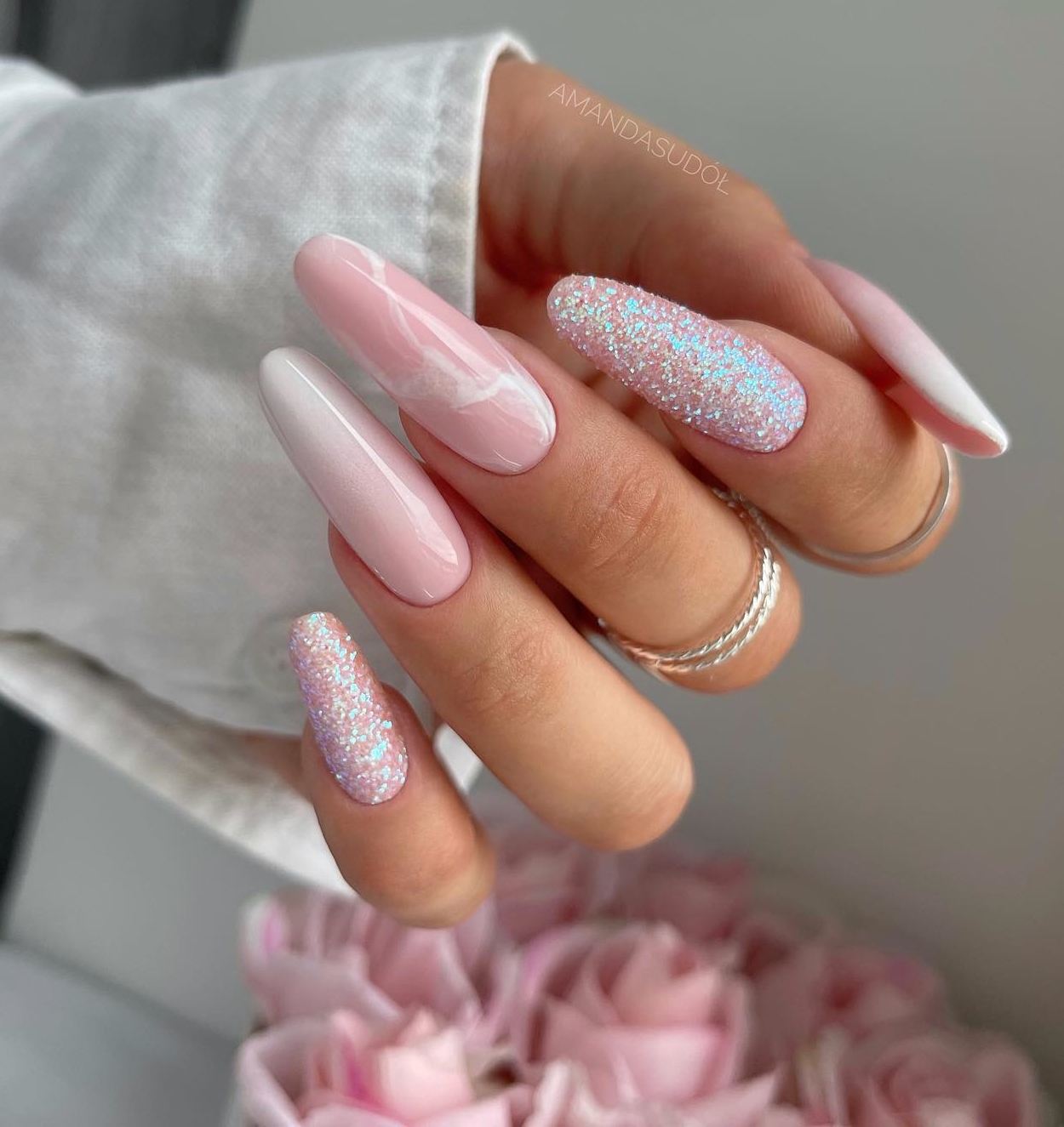 Long Almond Pink Nails with Glitter