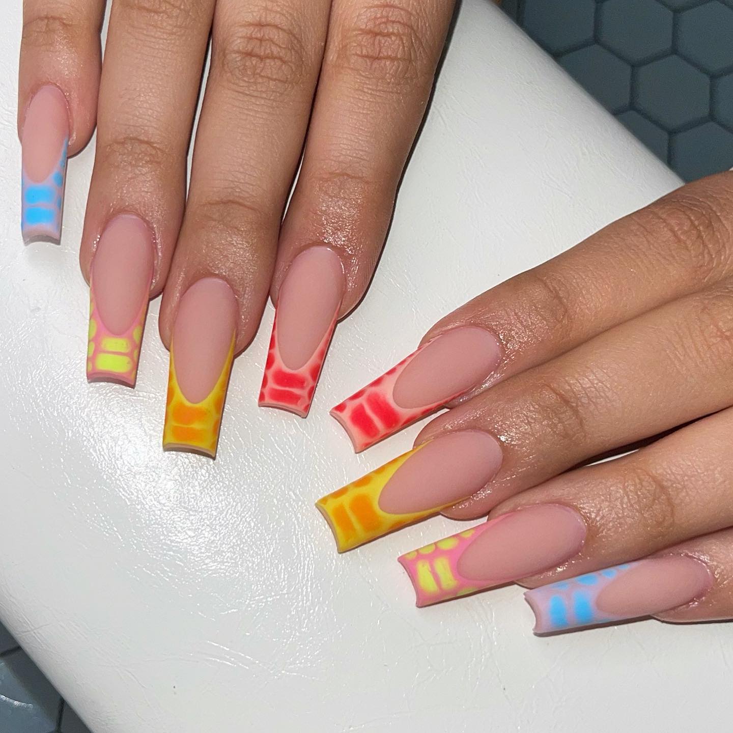Long Coffin Nails with Rainbow Tips