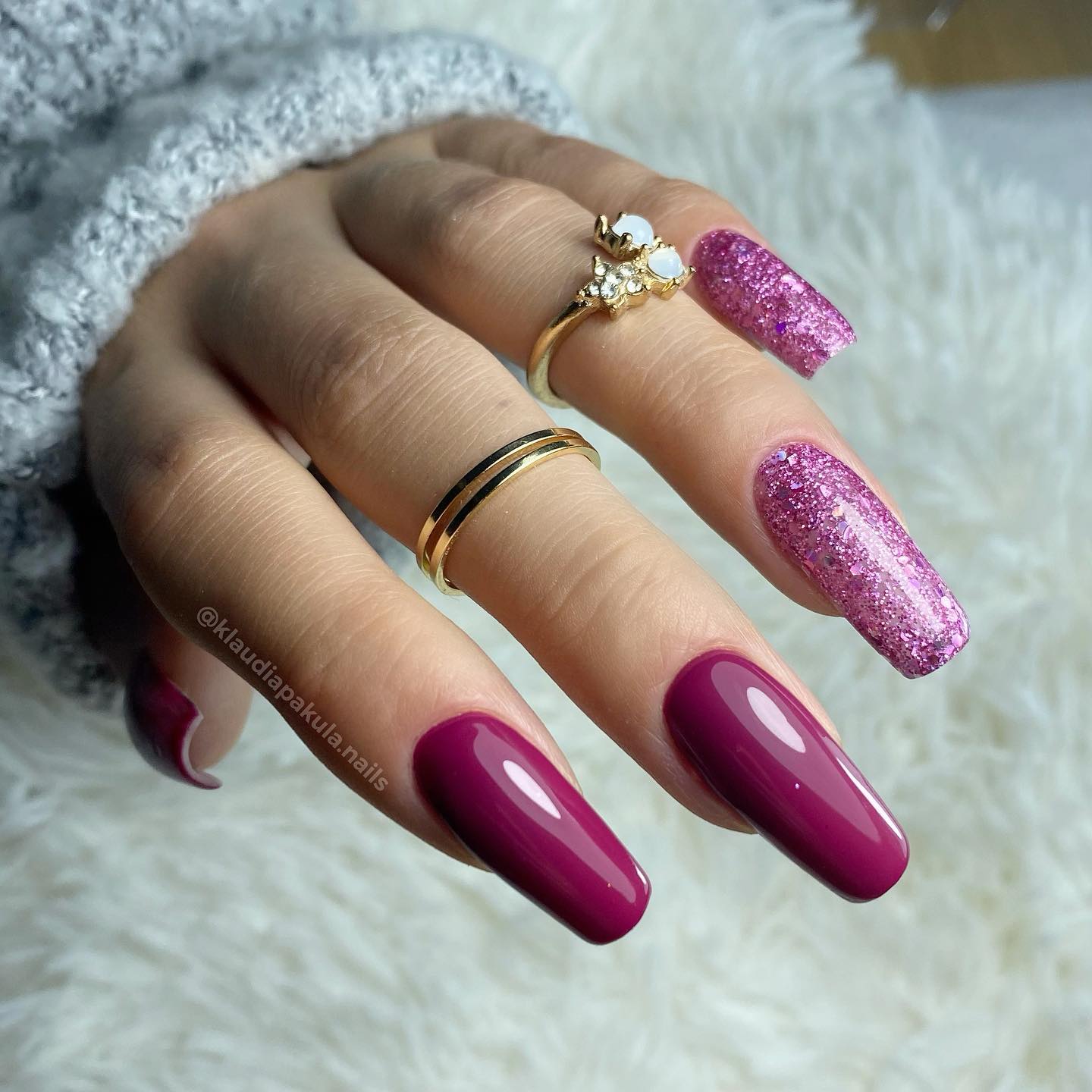 Long Light Burgundy Nails with Pink Glitter