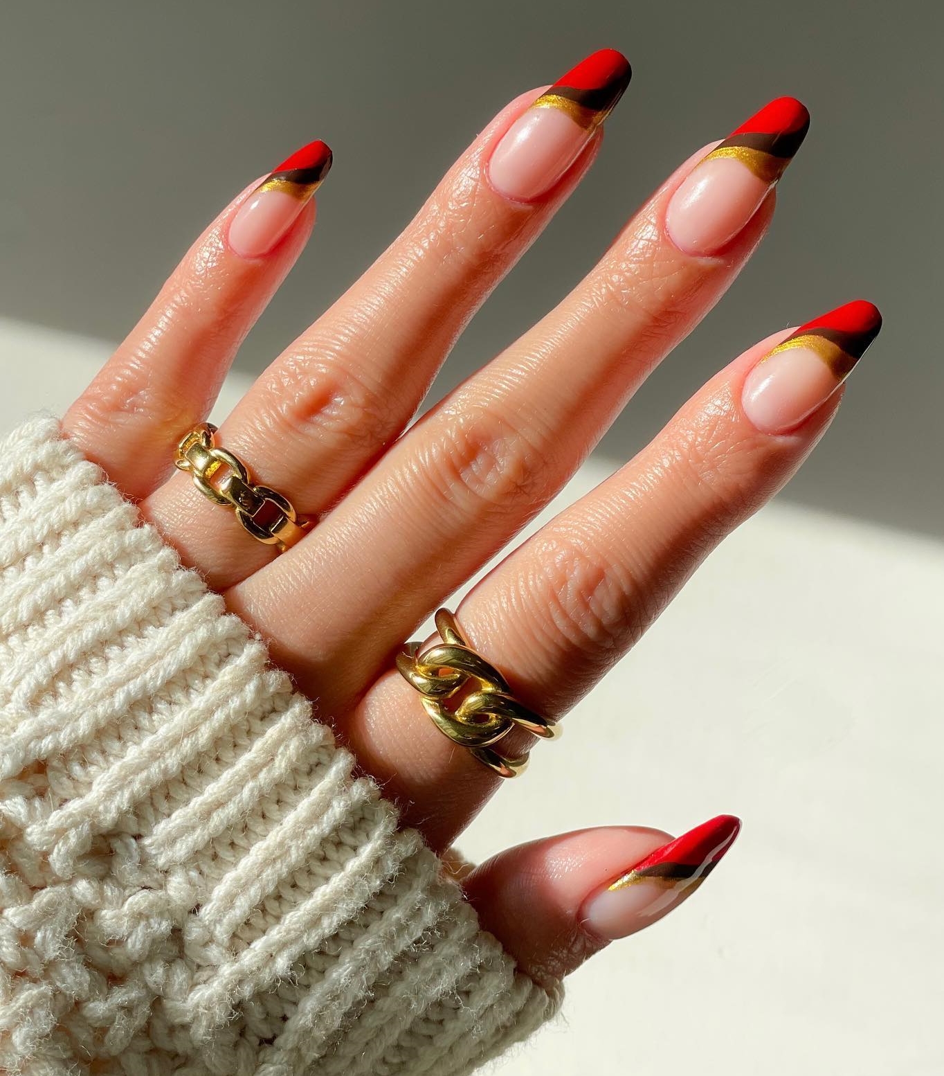 Long Round Red and Black French Nail Tips