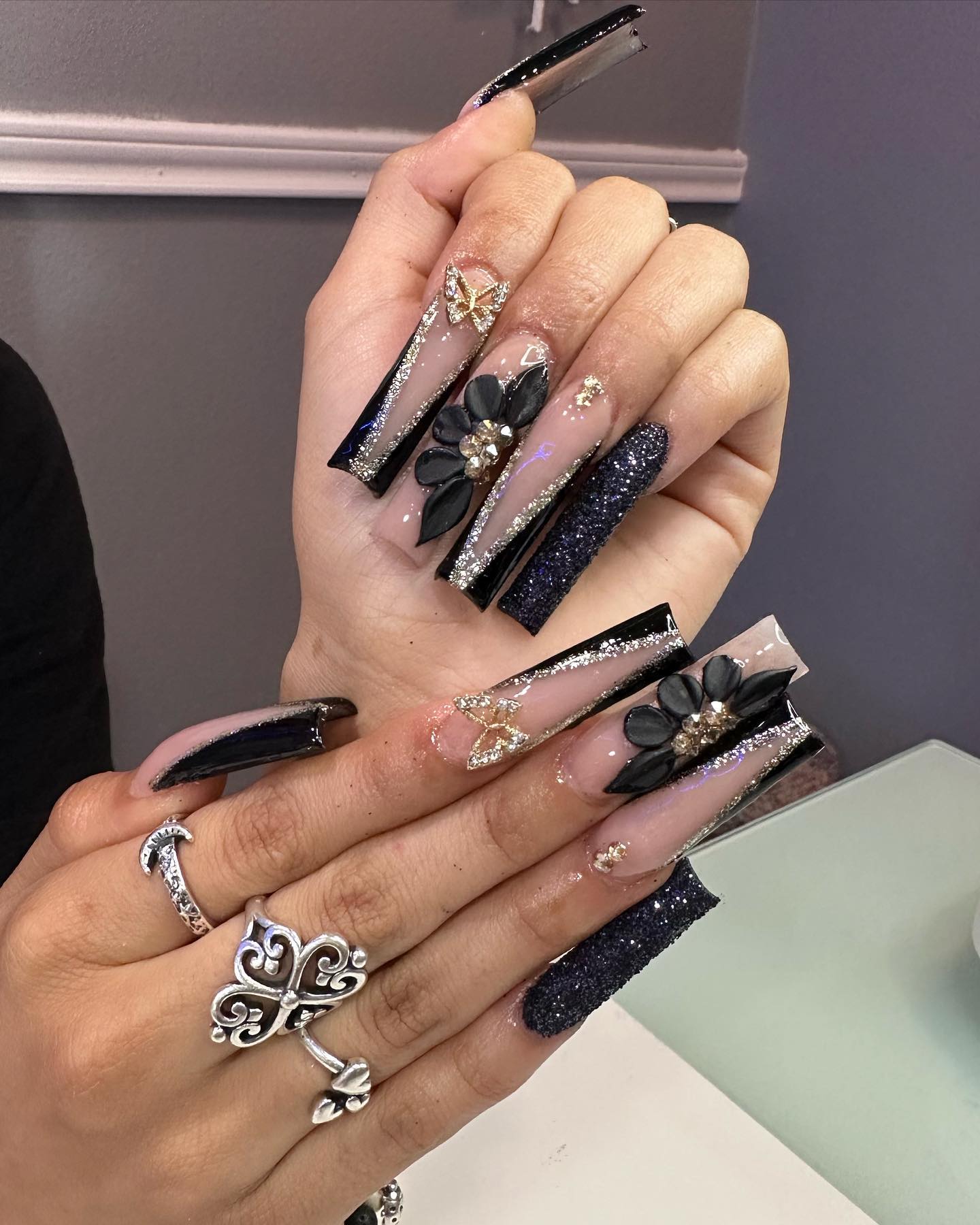 Long Square Black Nails with Glitter and Rhinestones