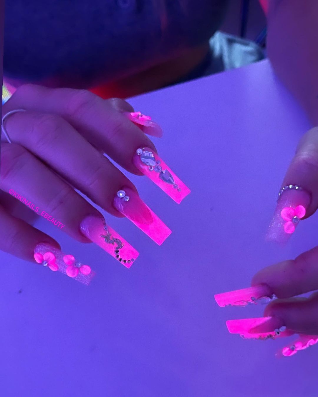 Long Square Pink Glow in the Dark Nails with Rhinestones
