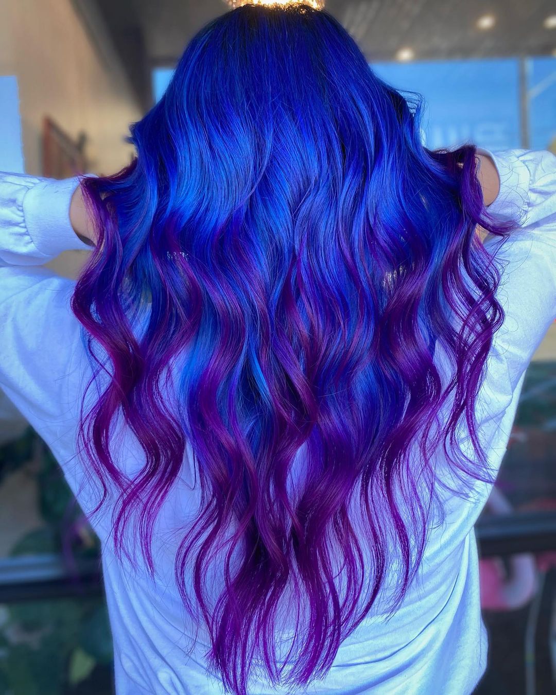 Neon Blue to Purple on Long Hair