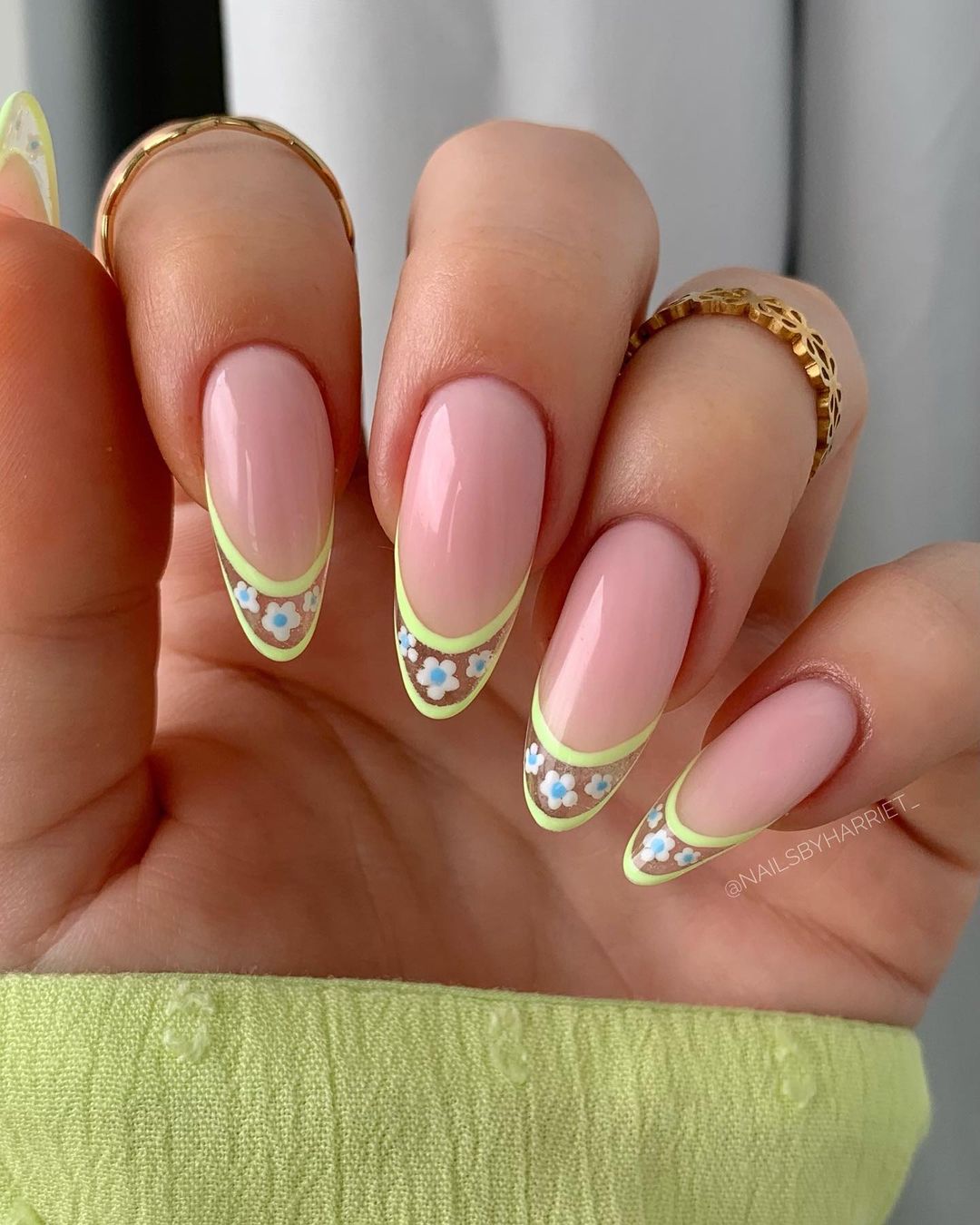 Nude Almond Nails with Floral Design on Tips