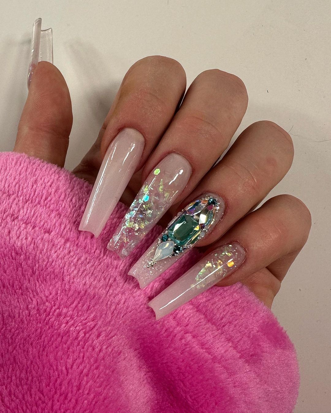 Nude Long Coffin Nails with Glitter