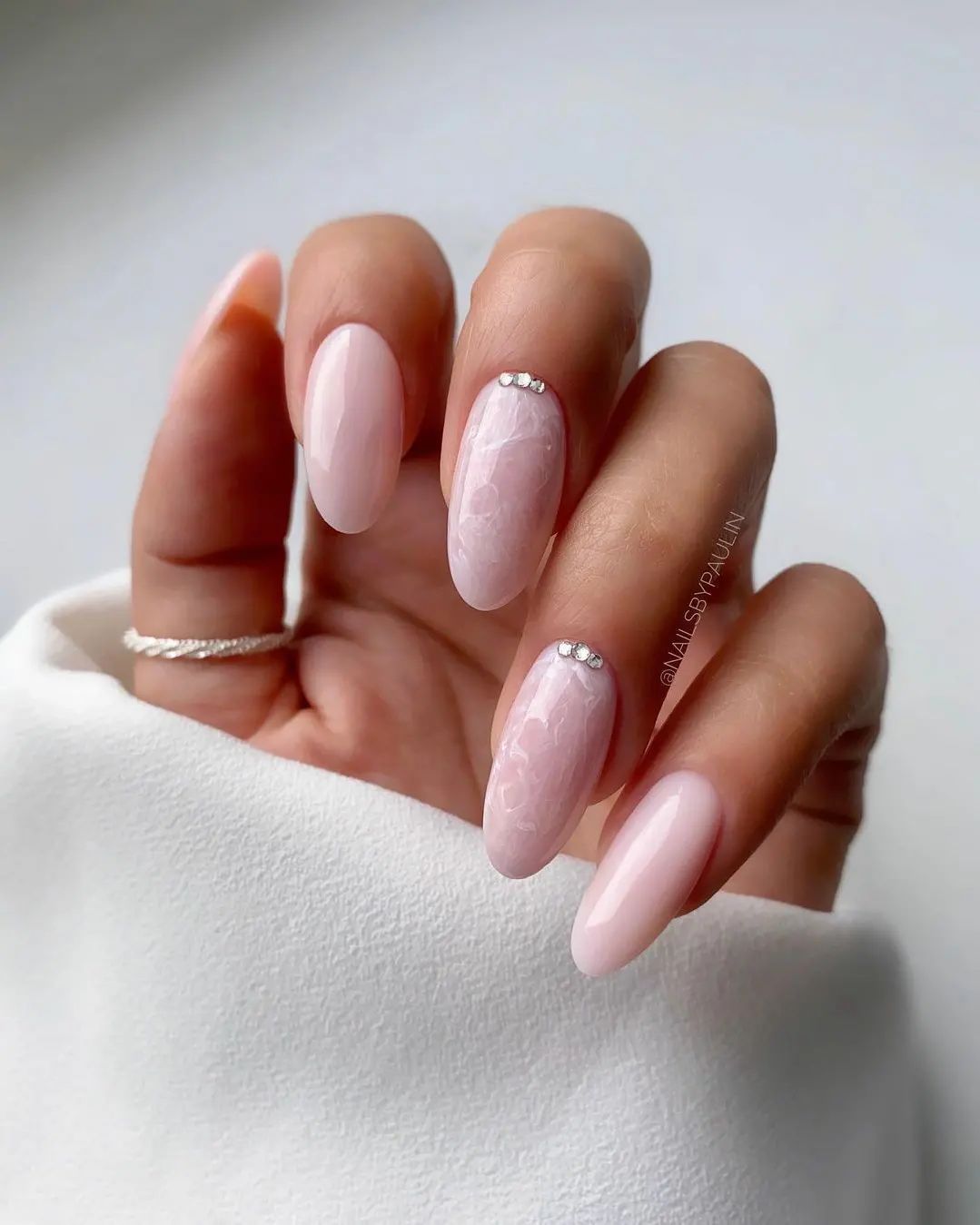 Nude Marble Nails with Rhinestones