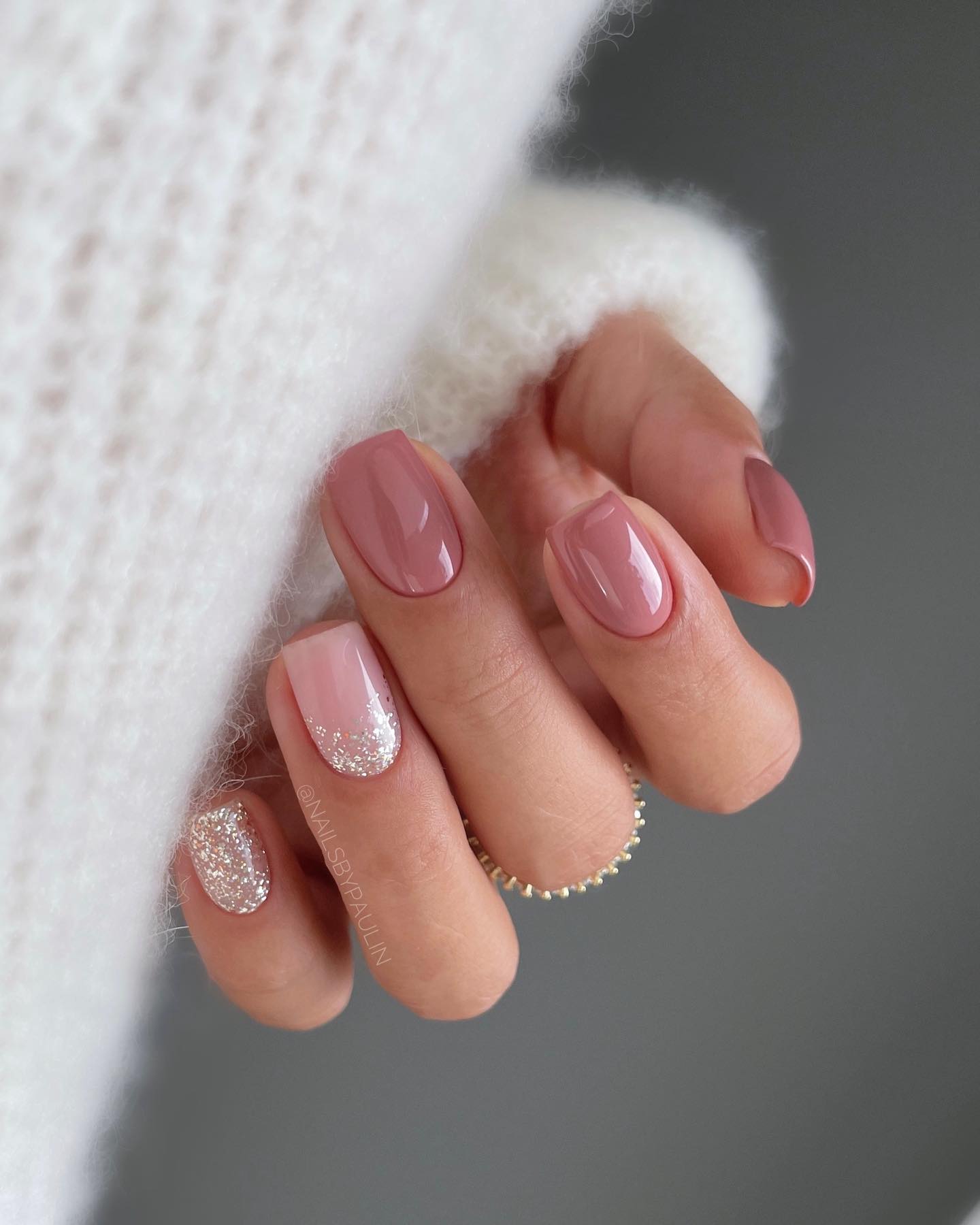 Nude Pink-Brown Nails with Glitter