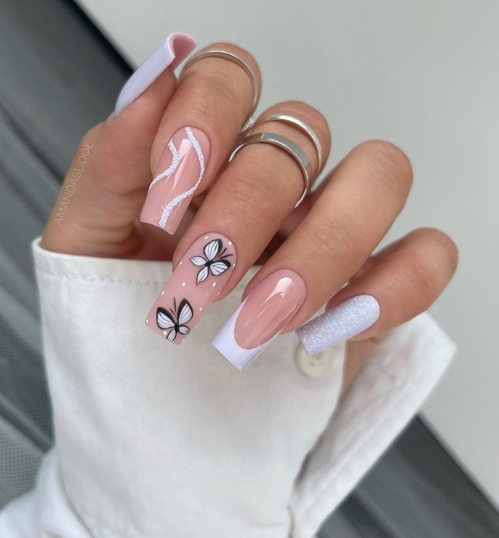 Nude Square Nails with White Butterflies