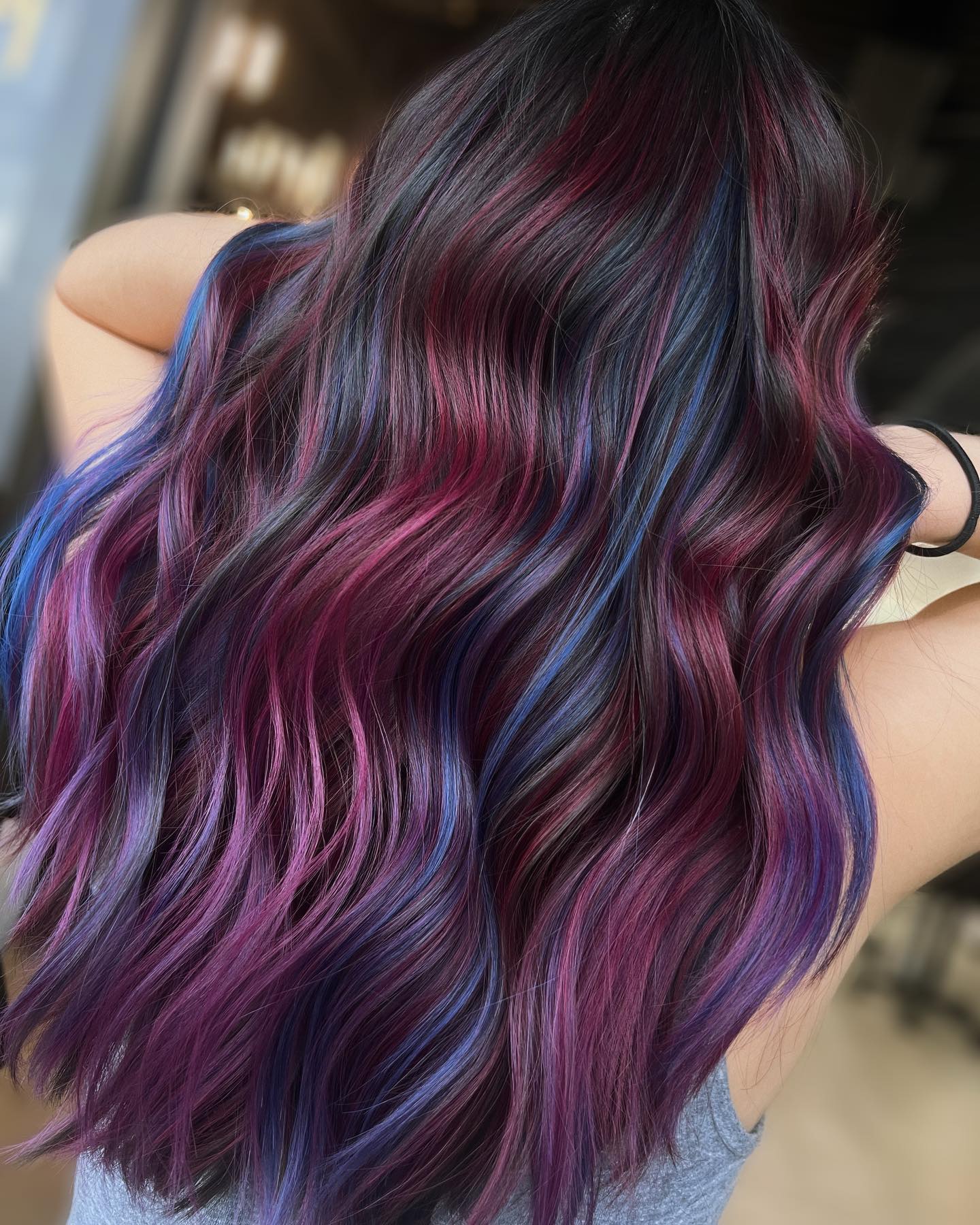 Pink and Blue Highlights on Long Black Hair