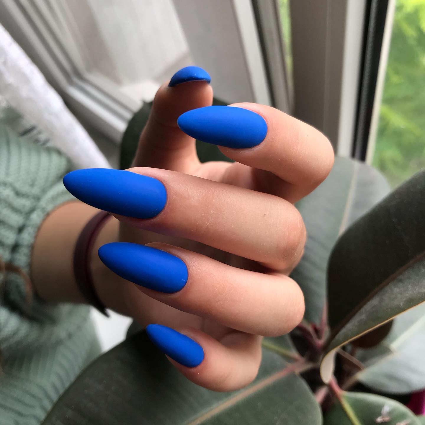 Pointy Blue Matte Neon Nails