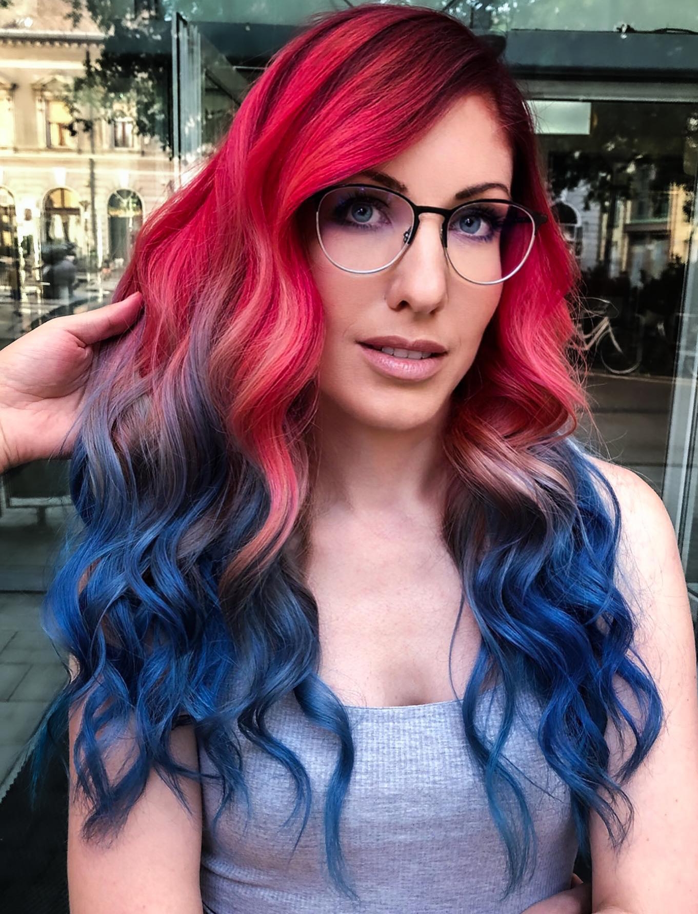 Red and Blue Ombre on Long Wavy Hair