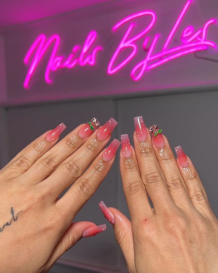 Red Ombre Manicure with Cherries on Accent Nails