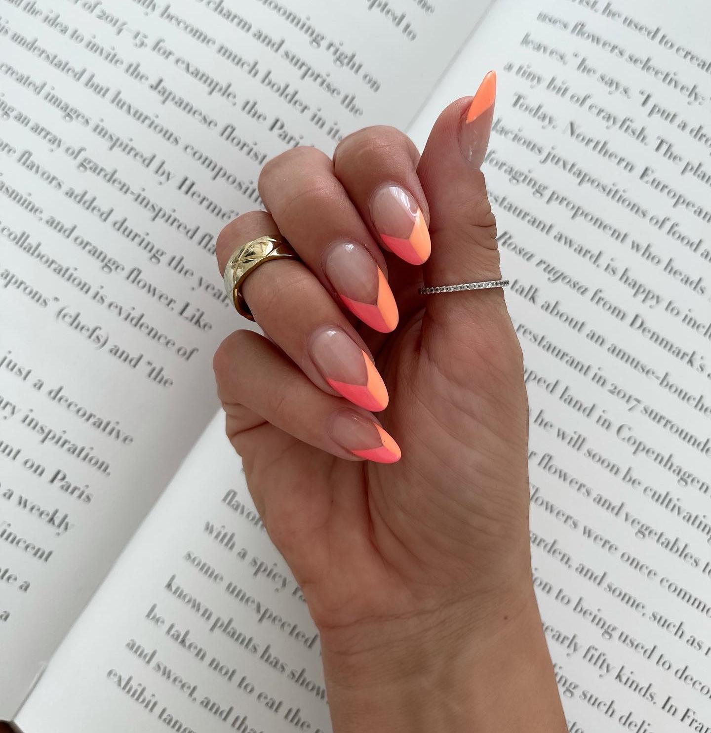 Round French Nails with Orange Geometric Tips