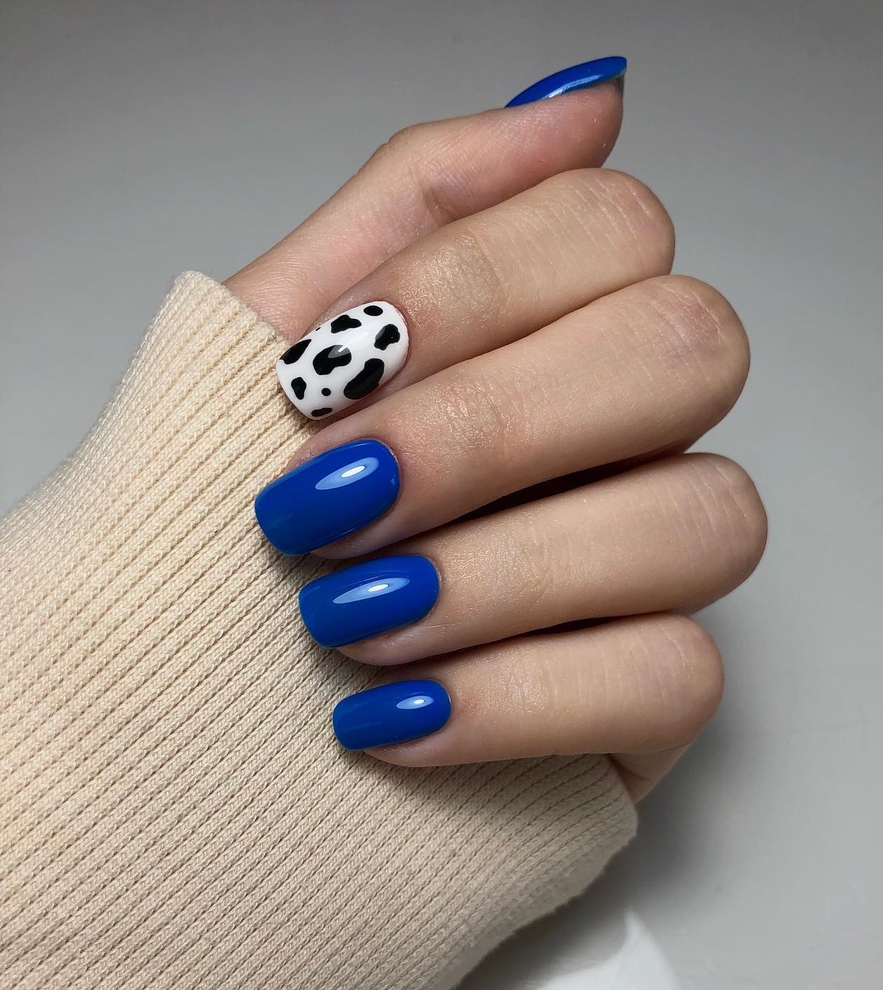 Royal Blue Nails with Black and White Cow Print