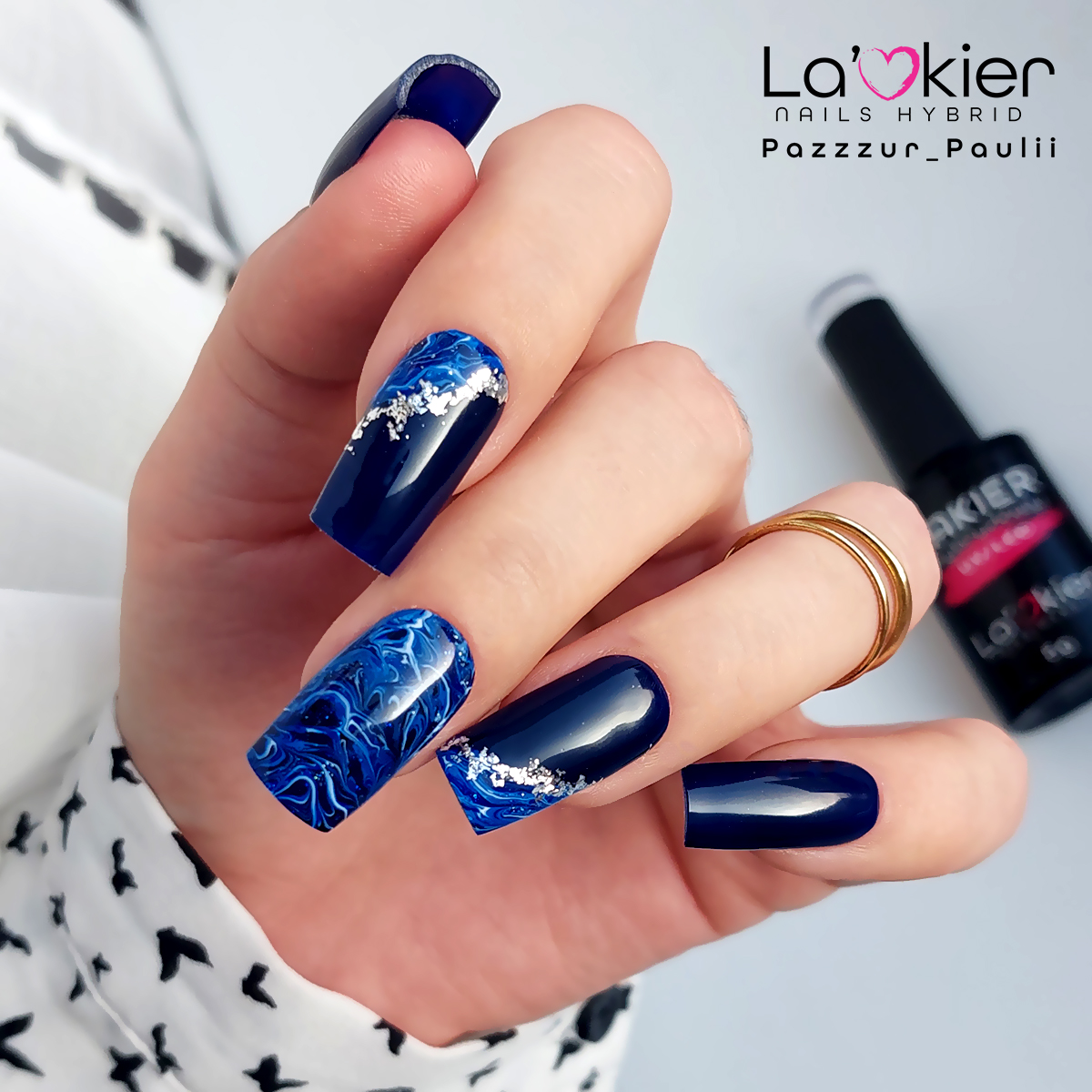 Short Dark Navy Nails with Marble Design