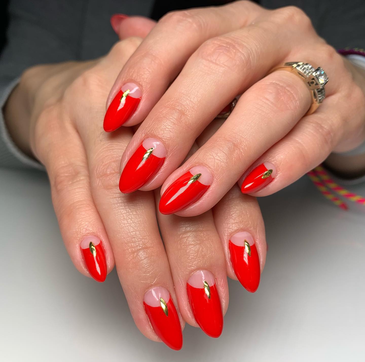 Short Red Half Moon Nails with Gold Foil