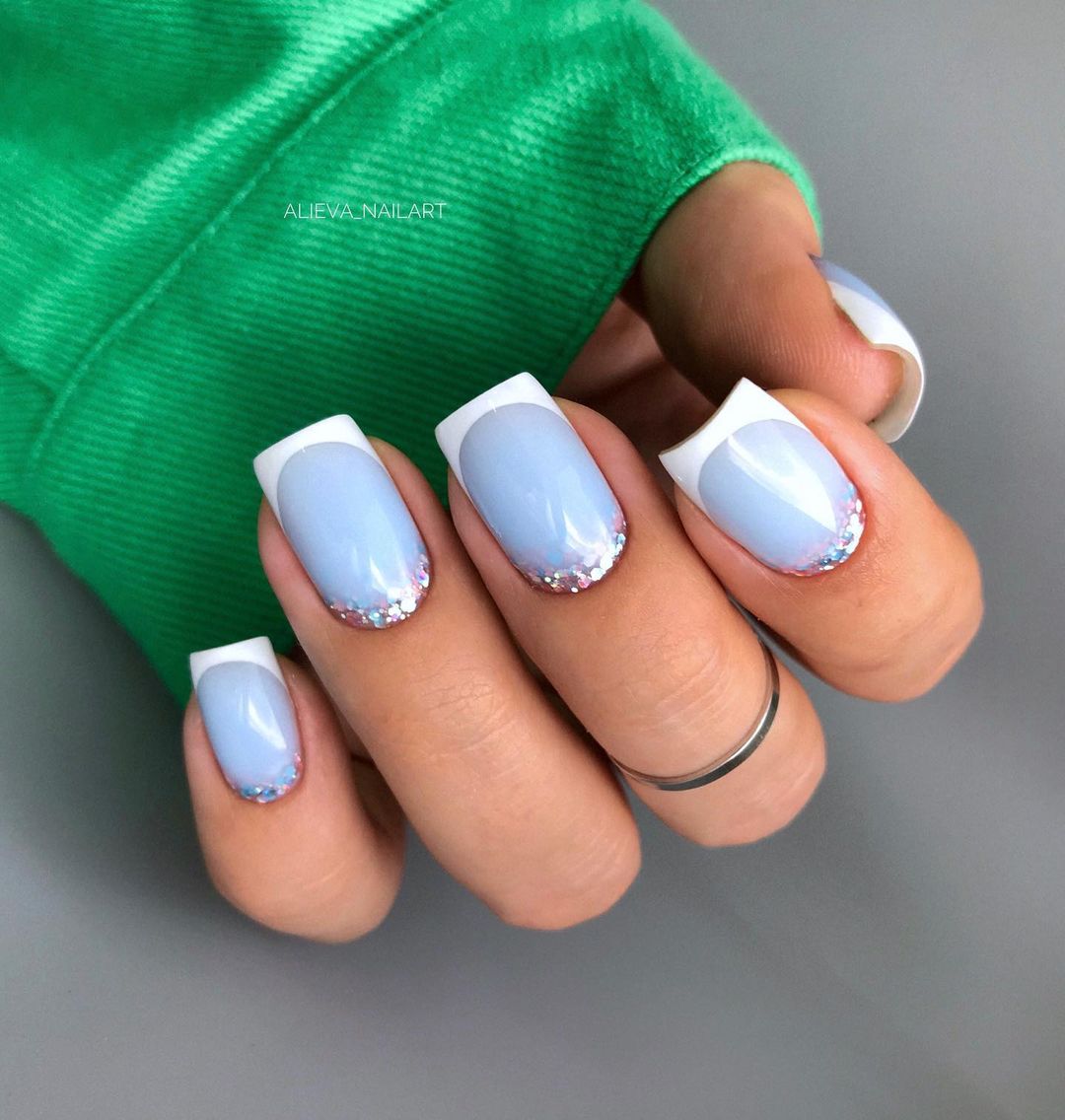Short Square Light Blue Nails with Glitter and French Tips