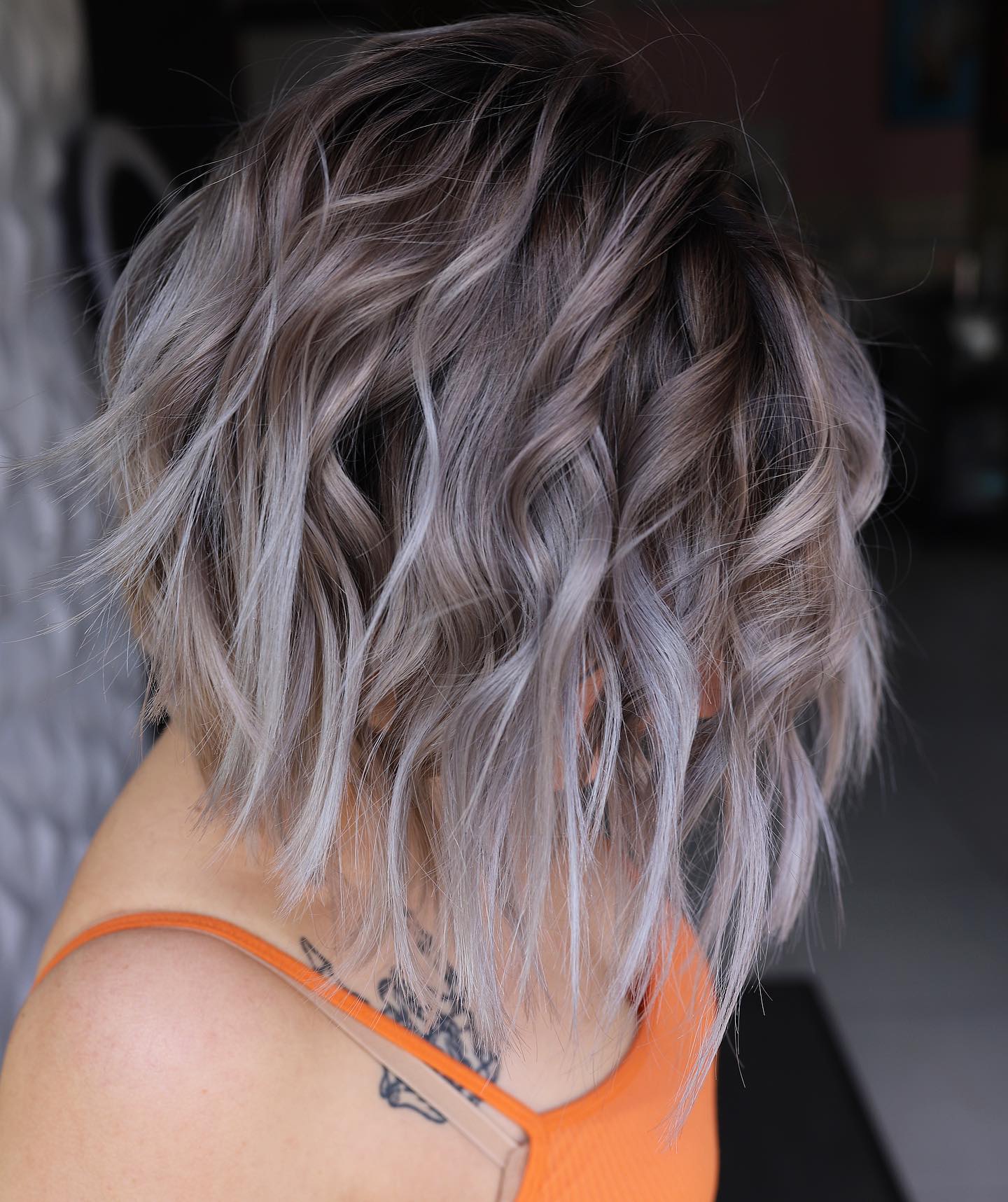 Short Wavy Brown-to-Gray Ombre Hair Color