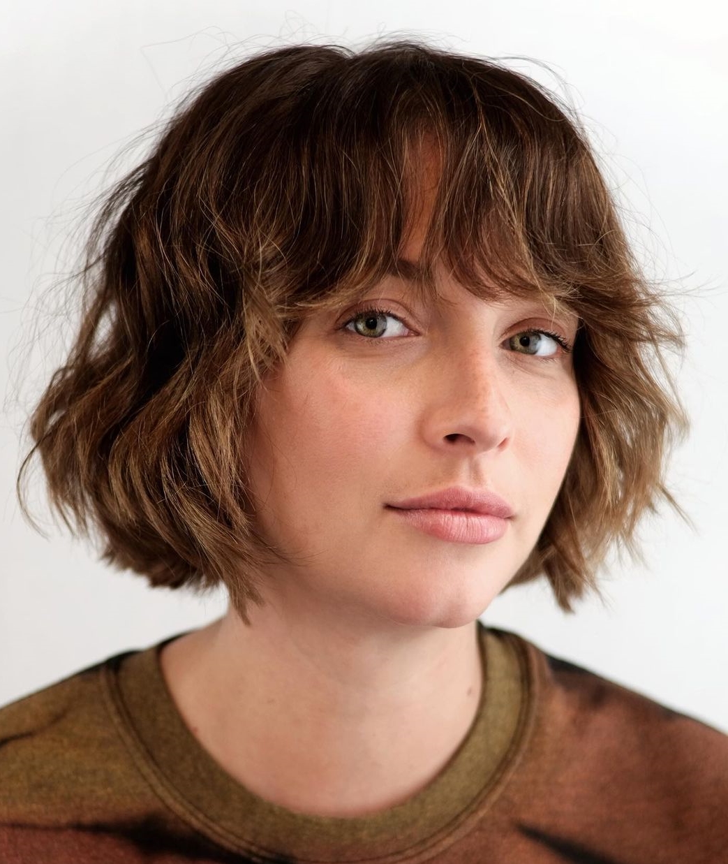 Wavy Bang on Short Brown Bob Cut