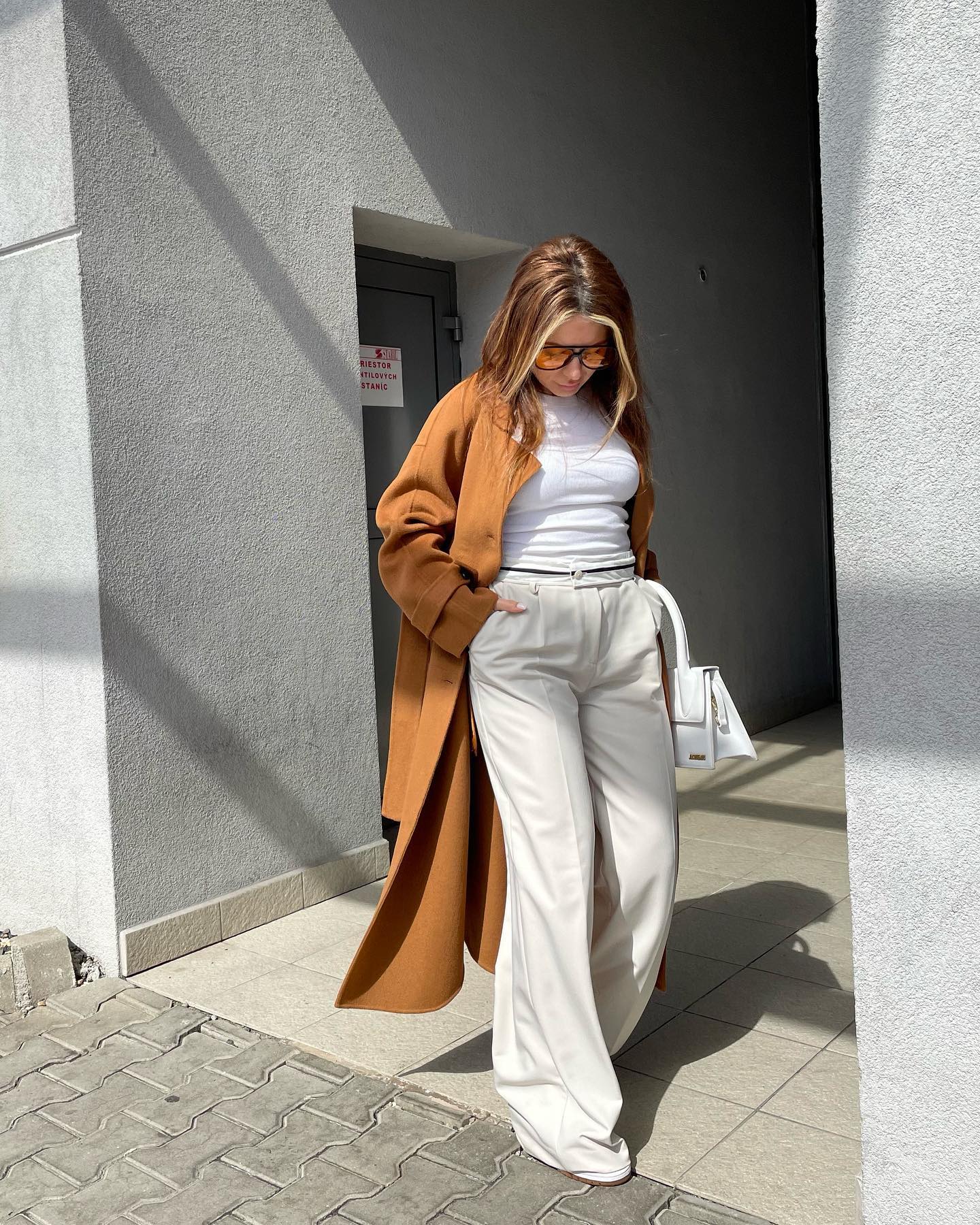 White Wide Trousers with White Top and Brown Trench