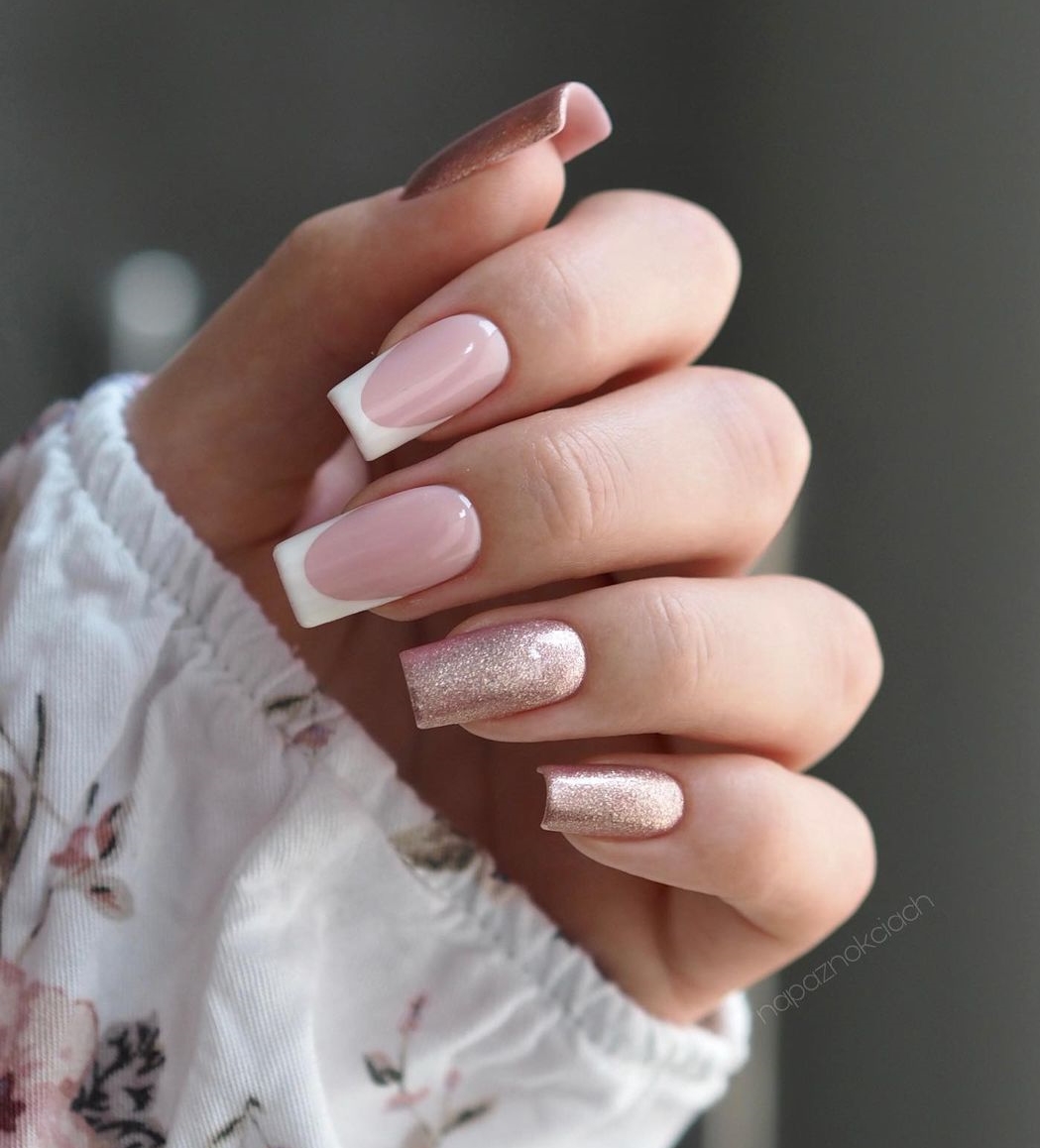 Acrylic French Manicure with Beige Glitter