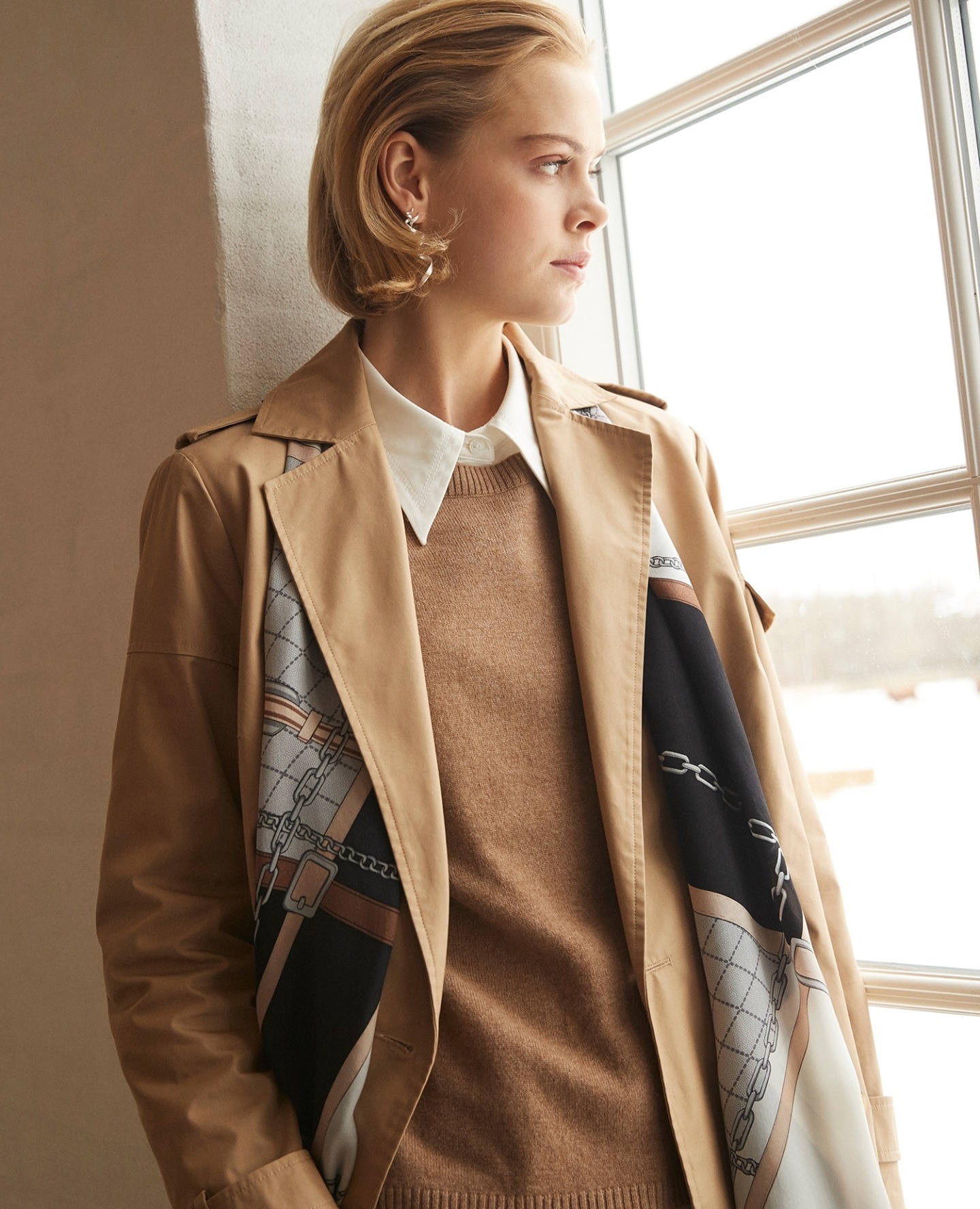 Classic Light Brown Sweater and Coat with White Shirt