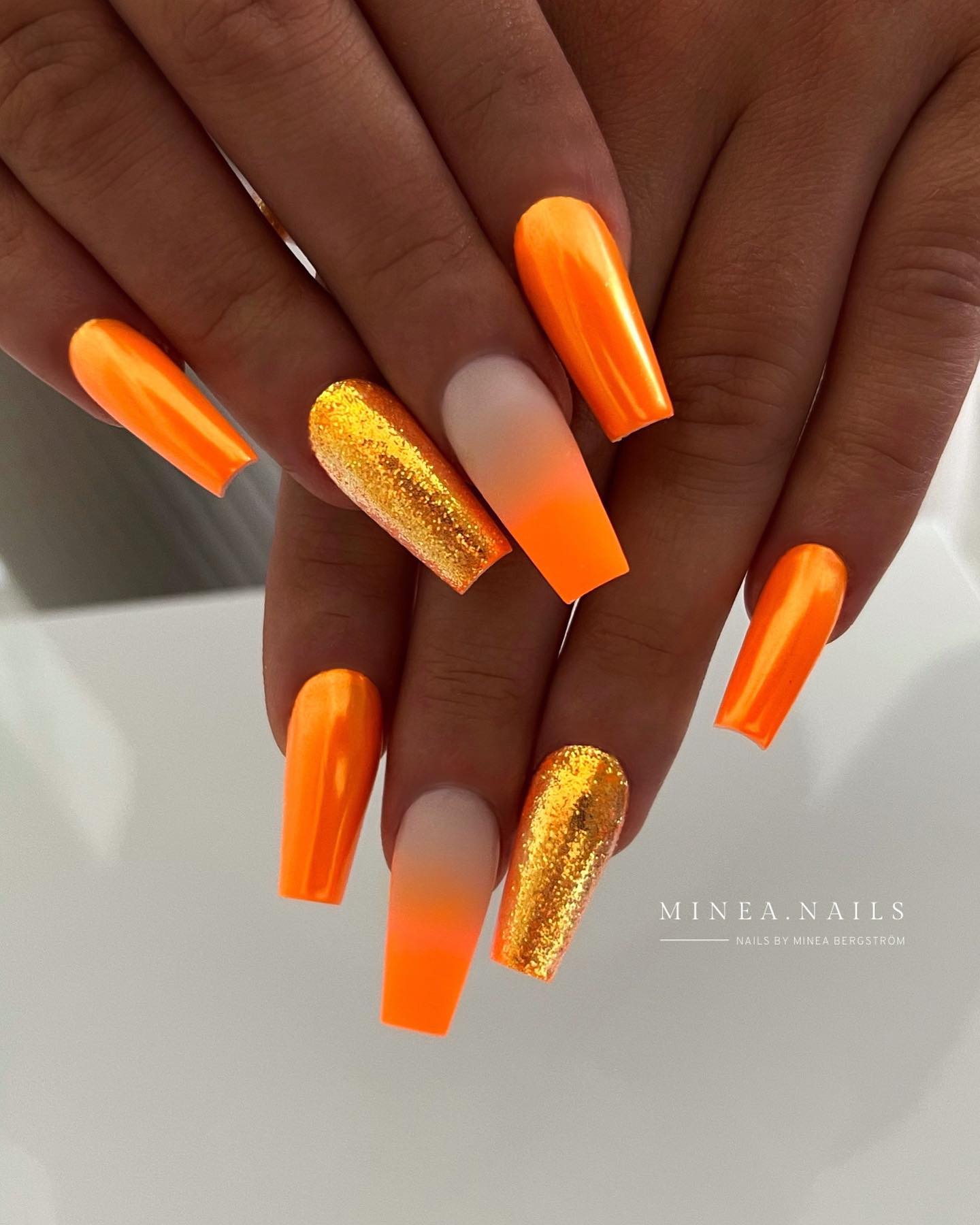 Coffin Chrome Orange Nails