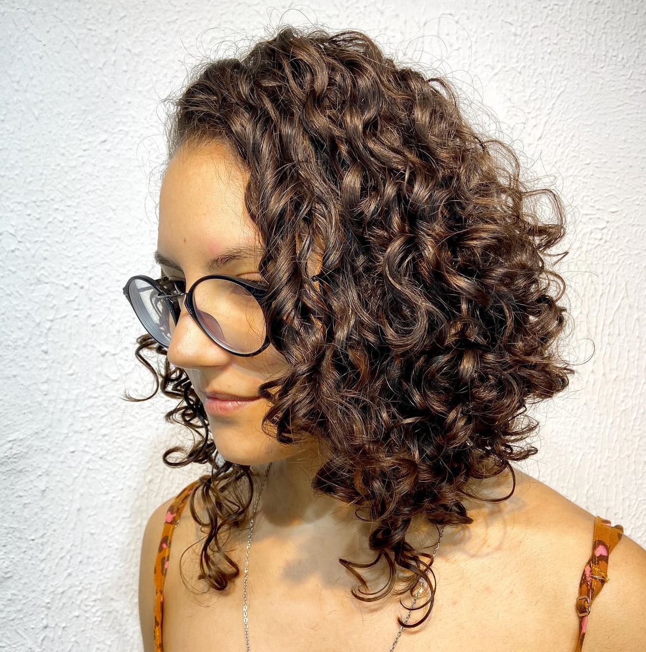 Curly Angled Bob on Brown Hair