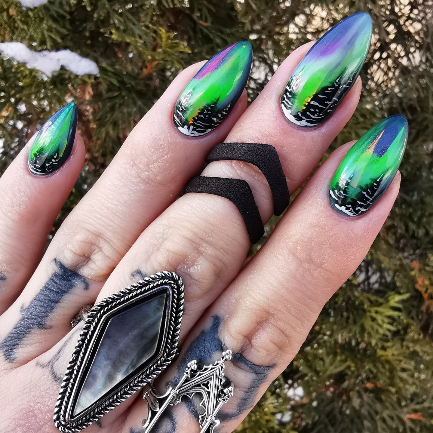 Long Northern Lights Green Nails