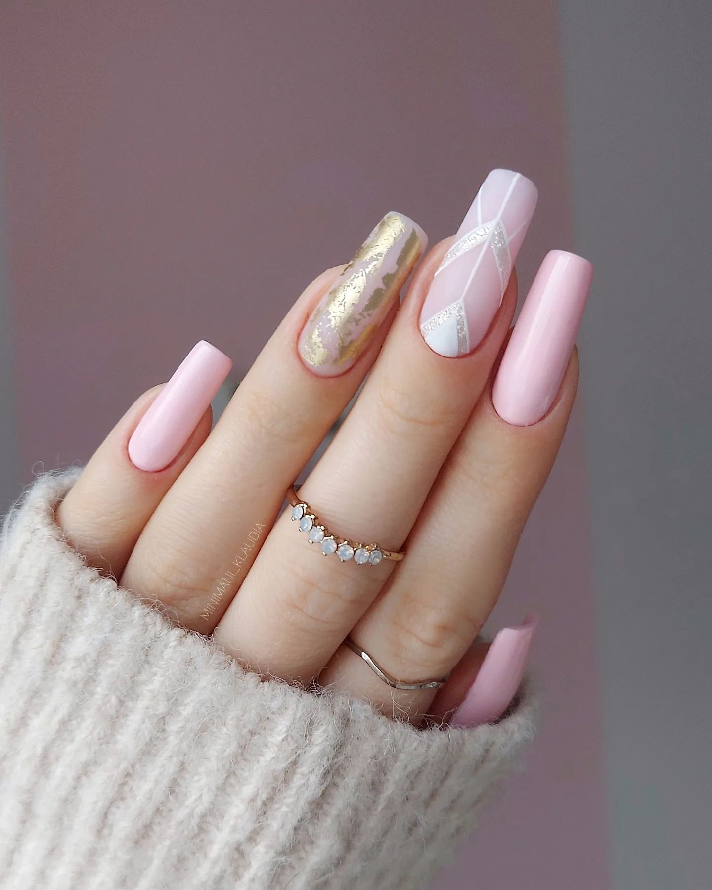 Long Pink Geometric Nail Design with Foil