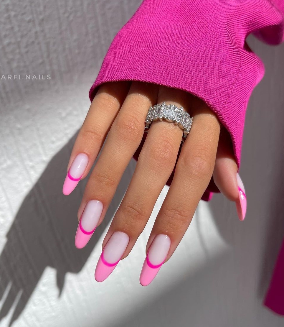 Long Round Gel Nails with Pink French Tips