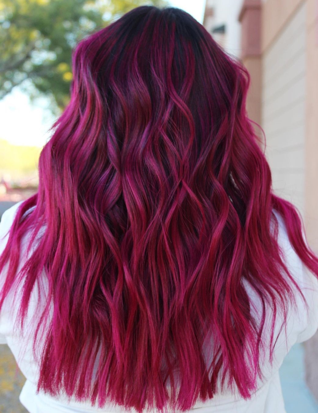 Magenta Color on Long Wavy Hair