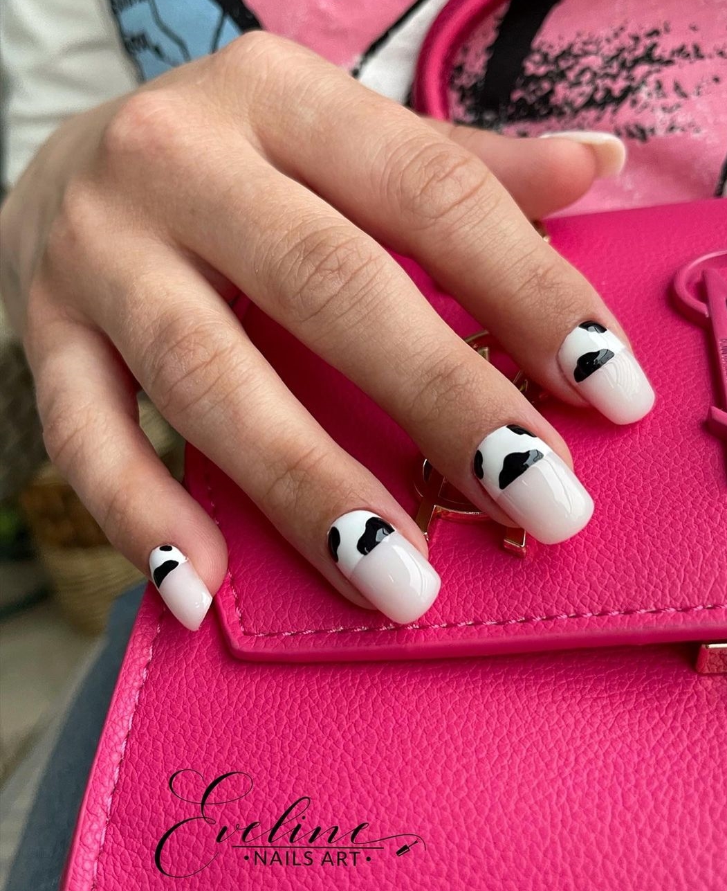 Milky Nails with Black and White Cow Print Design