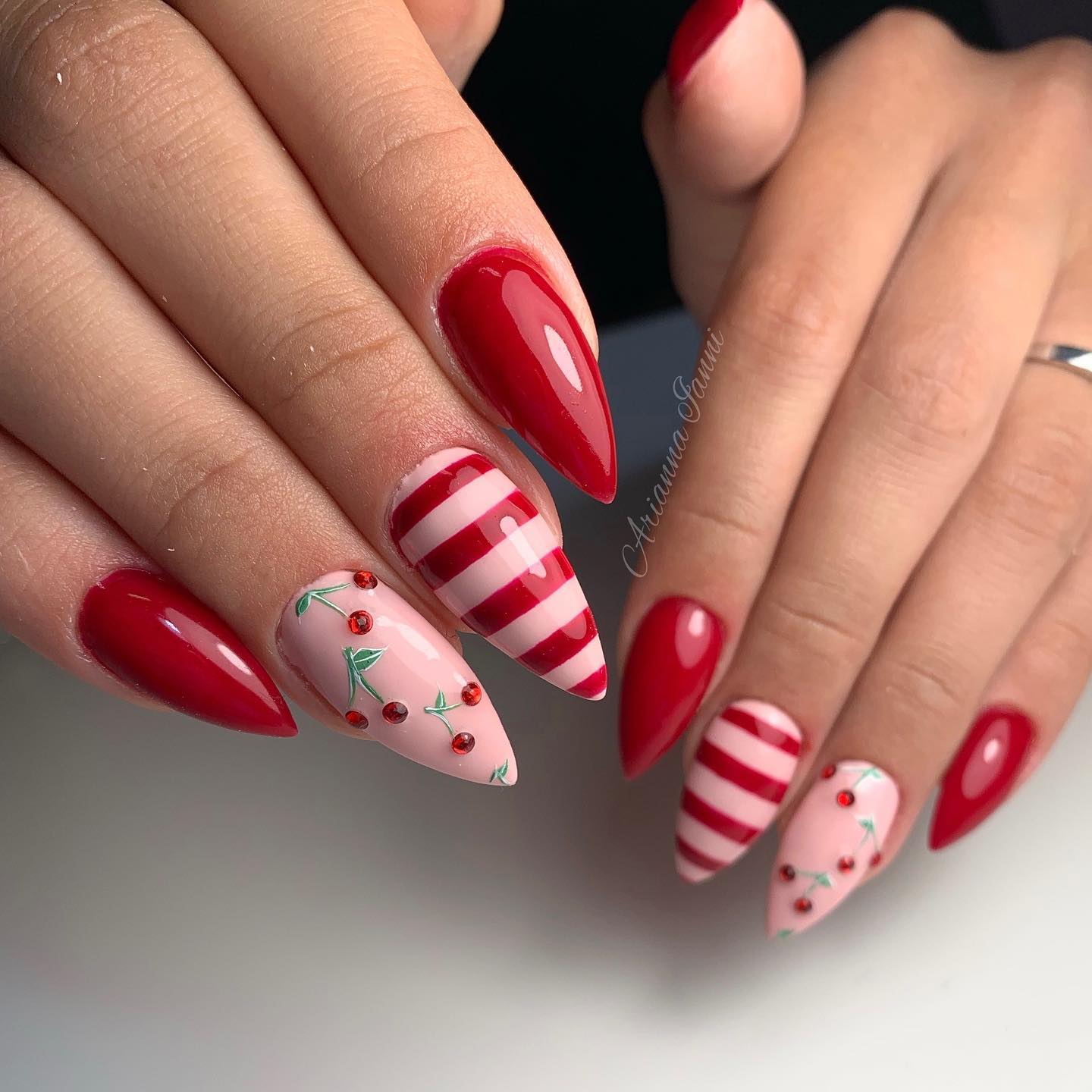 Red Manicure with Cherry and Rhinestones
