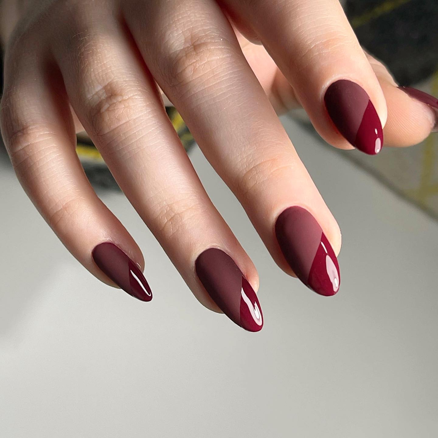 Round Burgundy Nails with Gloss Matte Combination