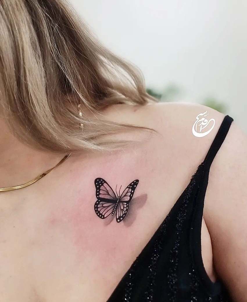 Small 3D Butterfly Tattoo on Shoulder