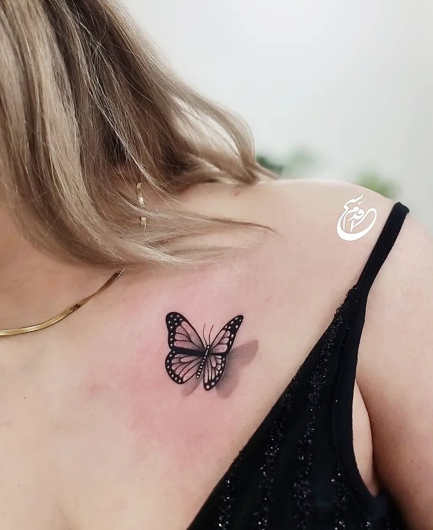 Short One Line Text And Beautiful 3D Butterfly Tattoo On Collarbone