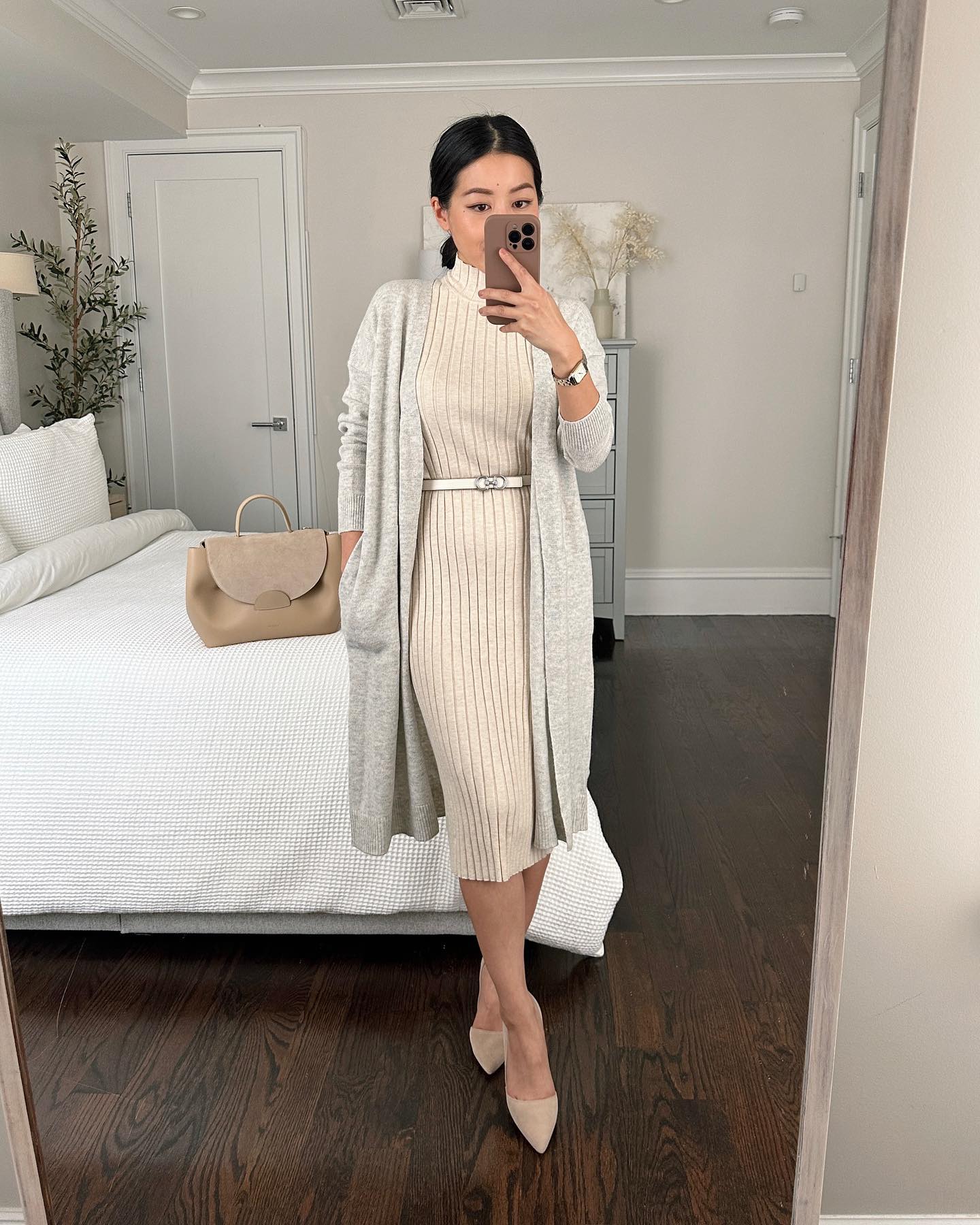 Beige Midi Dress with Gray Cardigan