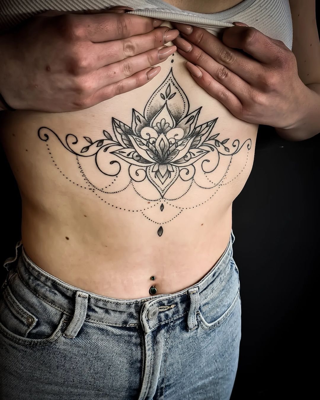 Black and White Mandala Lotus Flower on Stomach