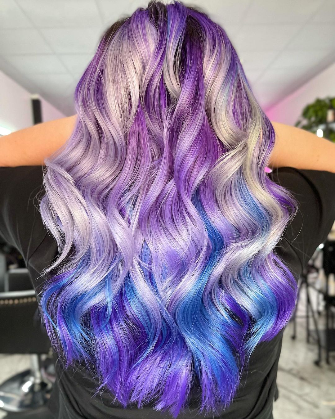 Blue, Purple and Blonde Highlights on Long Curly Hair