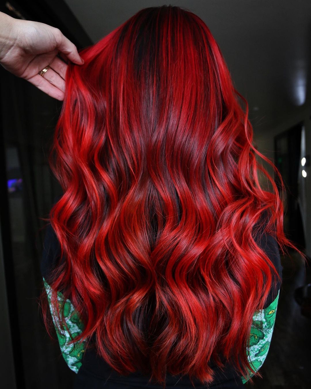 Bright Red Color on Long Wavy Hair